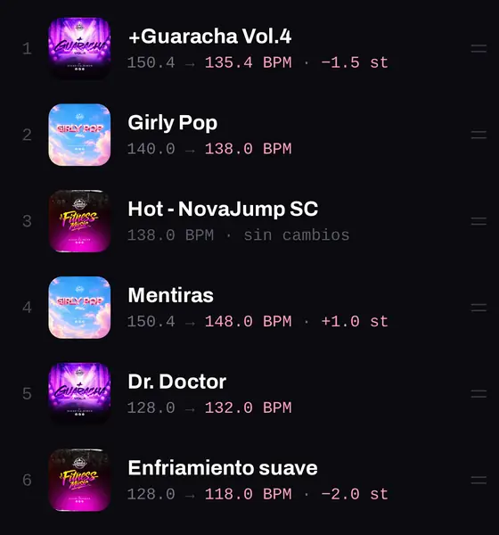 Una lista de clase en SCM, con la velocidad y el tono de cada pista