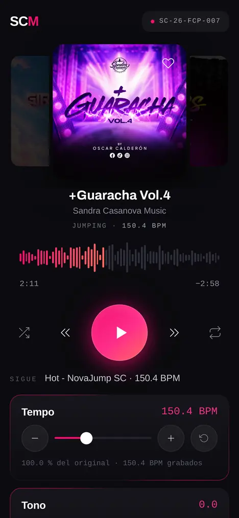 La pantalla principal de SCM, con el mix sonando y el control de tempo